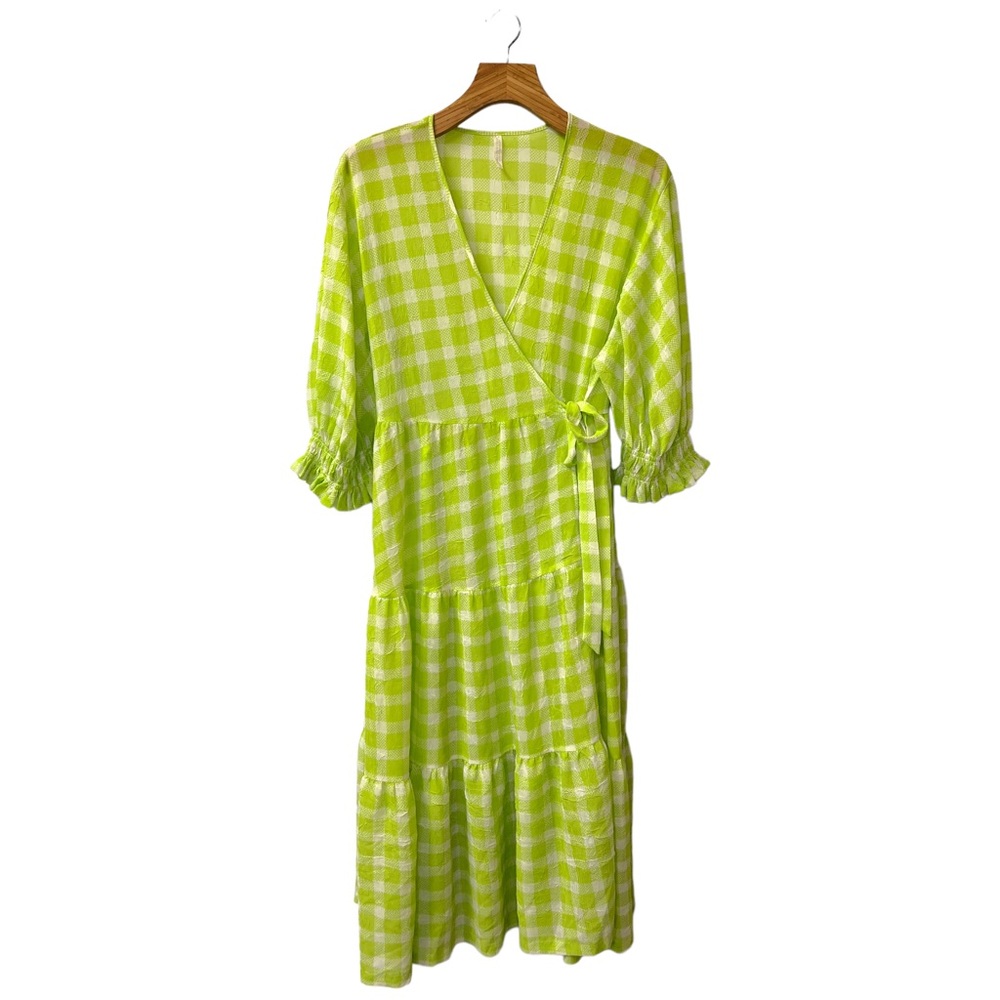 Urban Outfitters UO Donatella Midi Wrap Dress Lime Green Gingham Print Size M